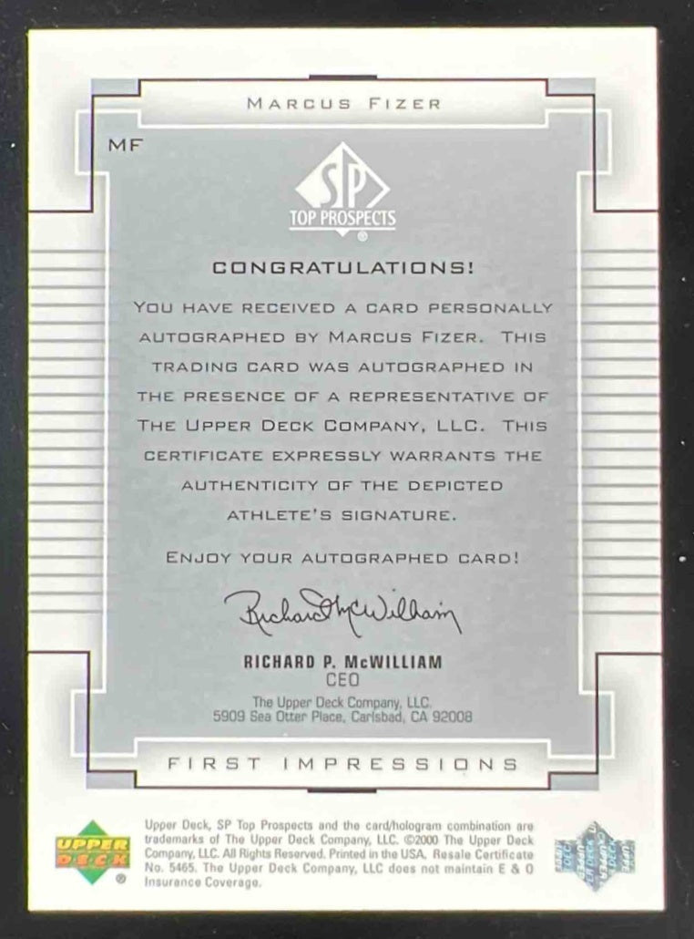 2000-01 SP Top Prospects First Impressions #MF Marcus Fizer RC Auto