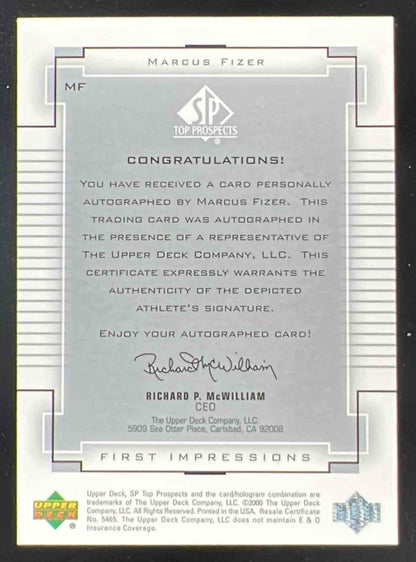2000-01 SP Top Prospects First Impressions #MF Marcus Fizer RC Auto