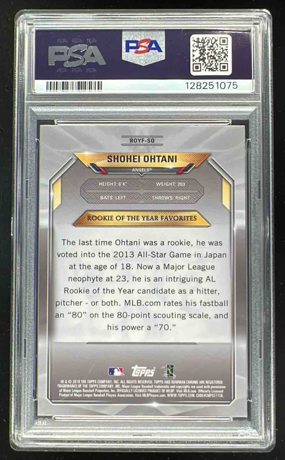 2018 Bowman ROY Favorites Chrome Mojo Refractor #ROYF-SO Shohei Ohtani RC PSA 10