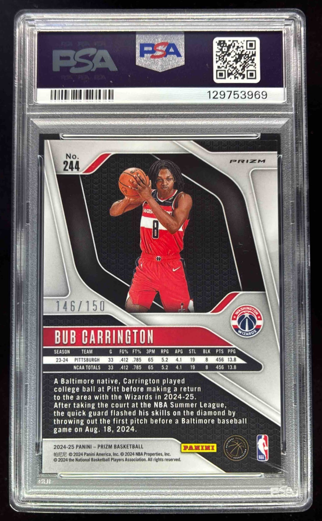 2024-25 Panini Prizm Premium Factory Set Prizm #244 Bub Carrington /150 PSA 9