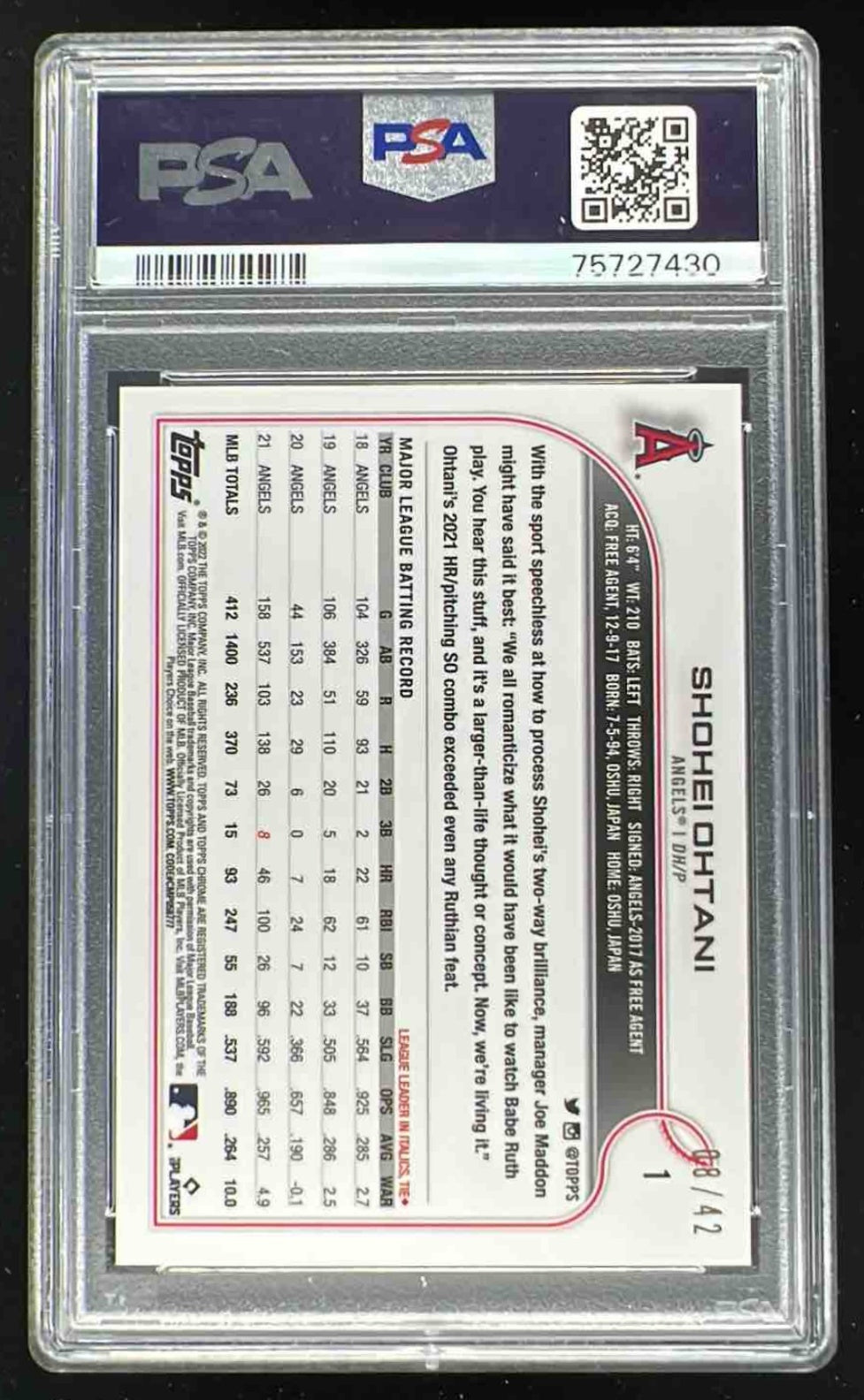 2022 Topps Chrome Ben Baller Edition Purple Refractor Shohei Ohtani /42 PSA 10