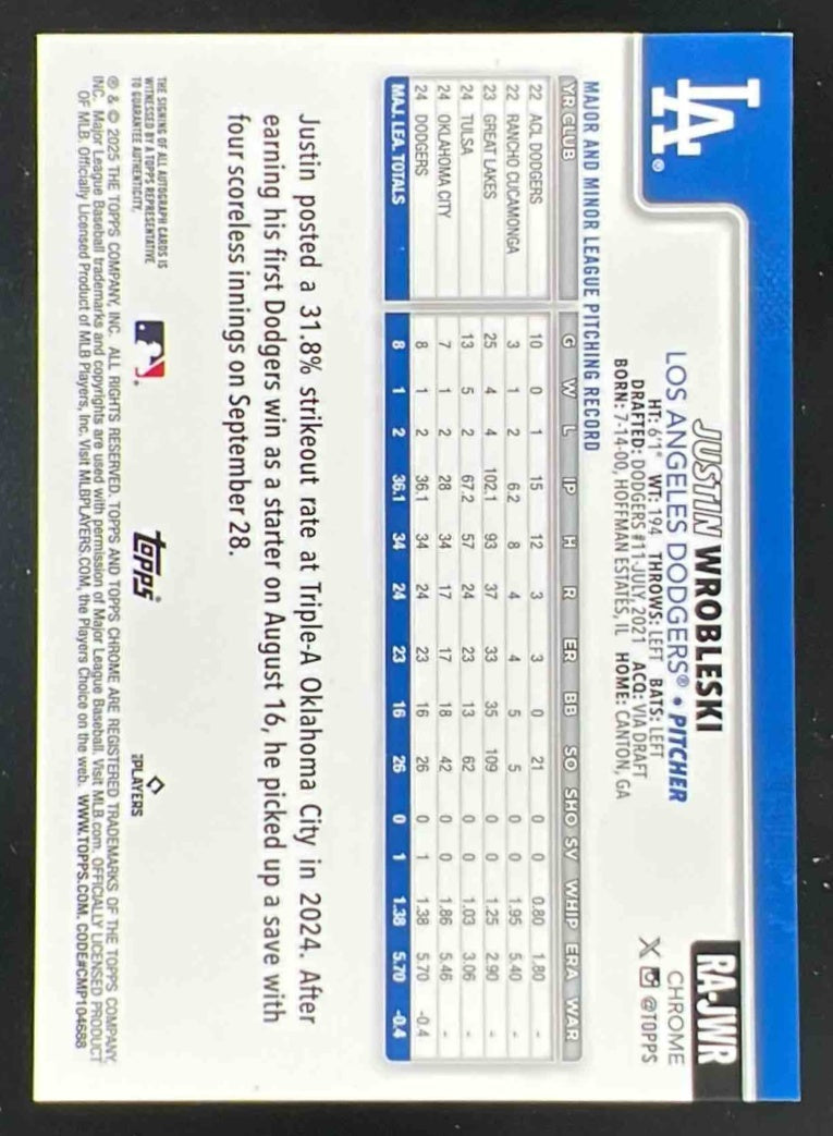 2025 Topps Chrome LogoFractor Rookie Autograph #RA-JWR Justin Wrobleski RC Auto