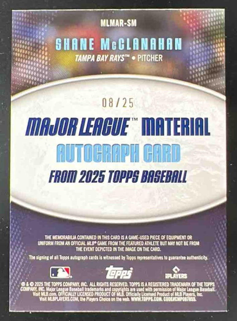 2025 Topps Major League Material Orange #MLMAR-SM Shane McClanahan Auto /25