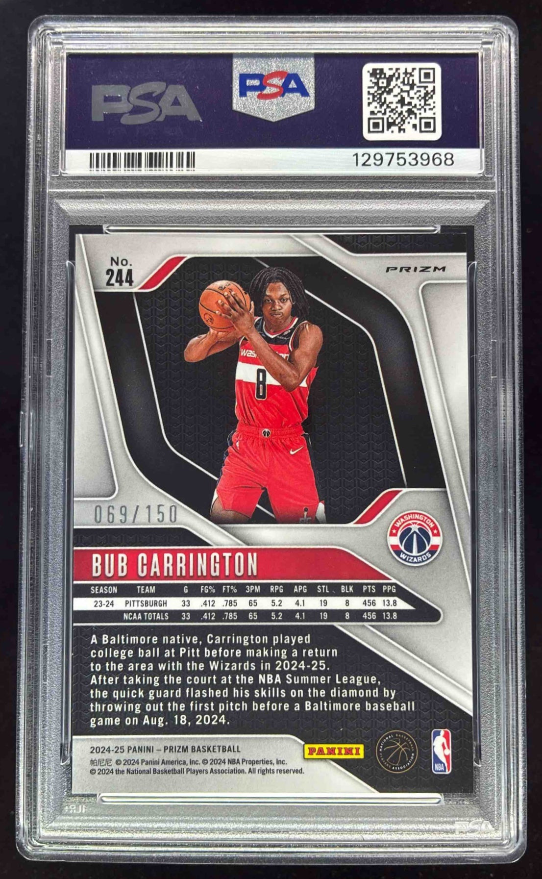 2024-25 Panini Prizm Premium Factory Set Prizm #244 Bub Carrington /150 PSA 9