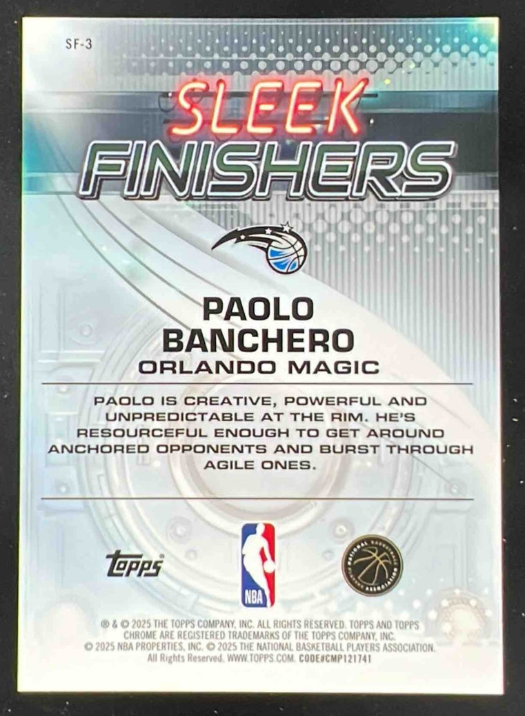 2025-26 Topps Chrome Sleek Finishers Aqua Refractor #SF-3 Paolo Banchero /199