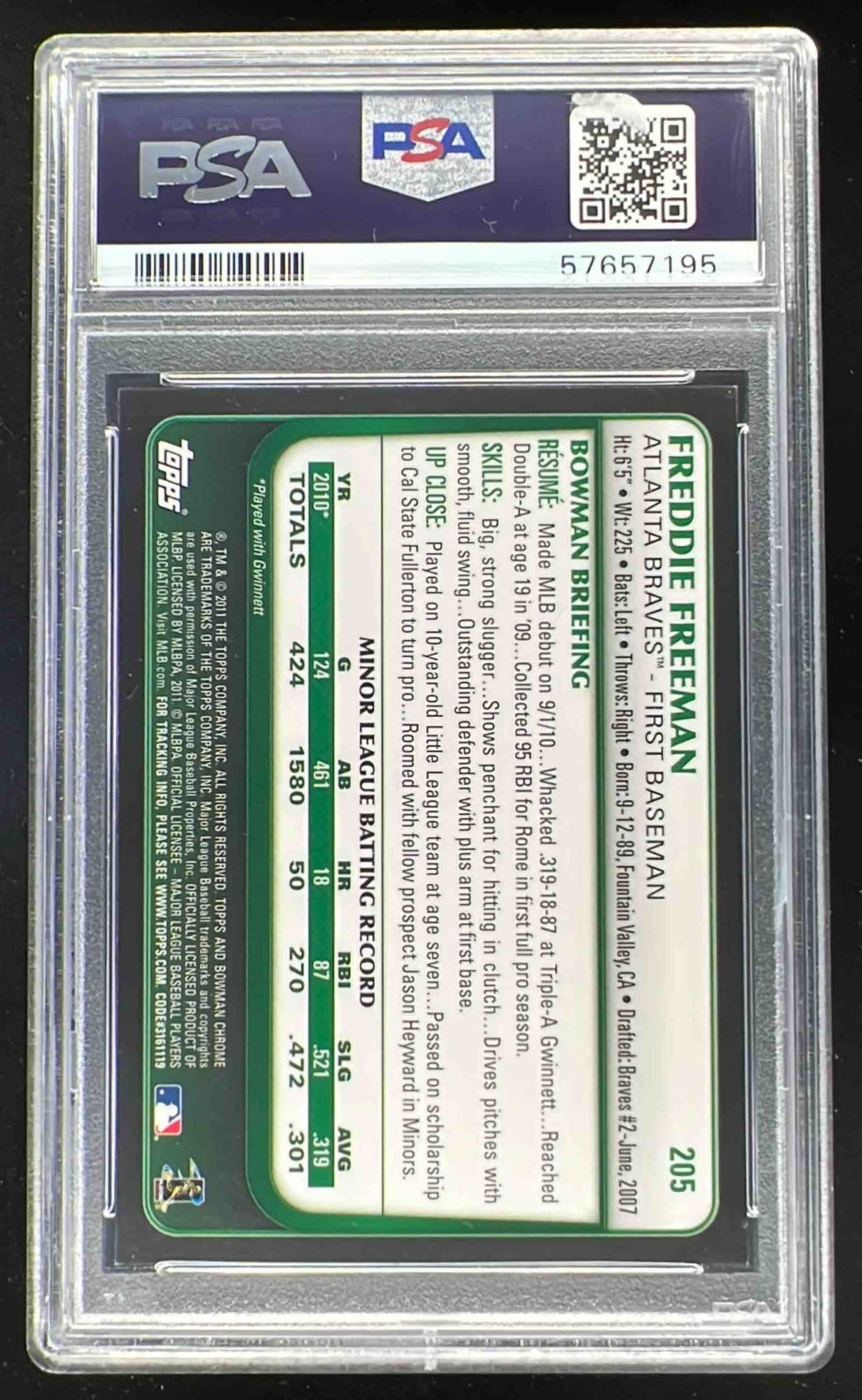 2011 Bowman Chrome Rookie Autographs #205 Freddie Freeman RC Auto PSA 9
