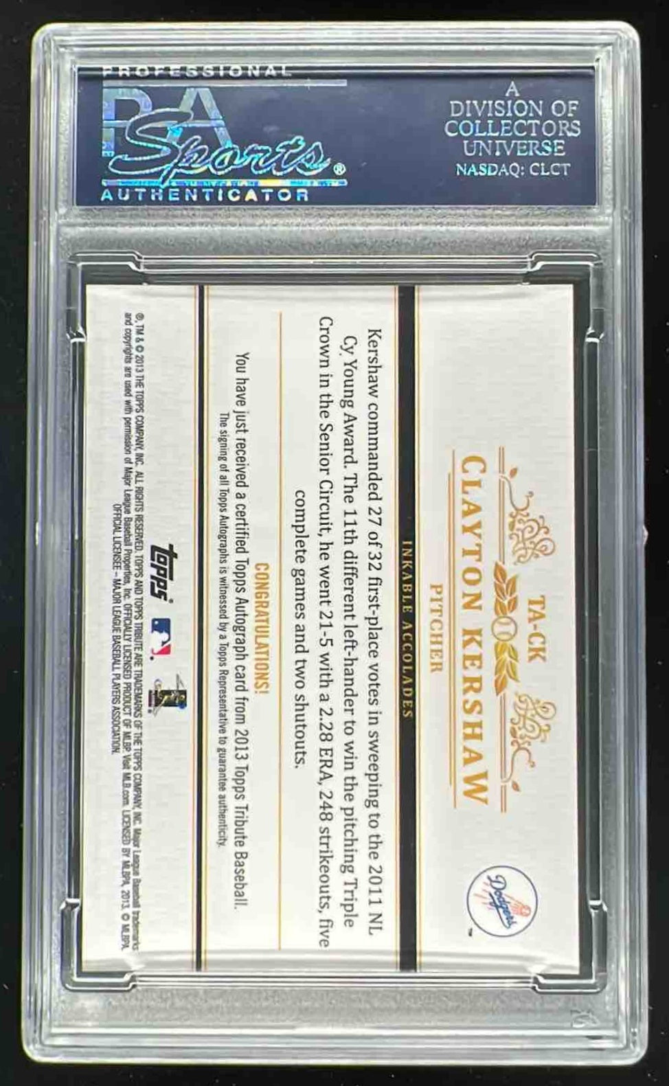 2013 Topps Tribute Autographs Blue #TA-CK Clayton Kershaw Auto /50 PSA 10