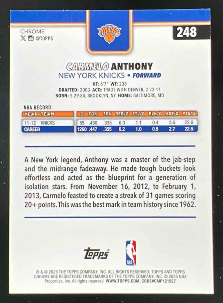 2025-26 Topps Chrome Blue Wave Refractor #248 Carmelo Anthony /150