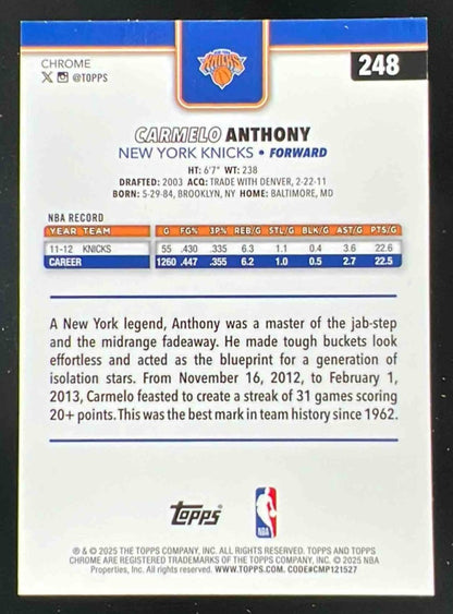 2025-26 Topps Chrome Blue Wave Refractor #248 Carmelo Anthony /150