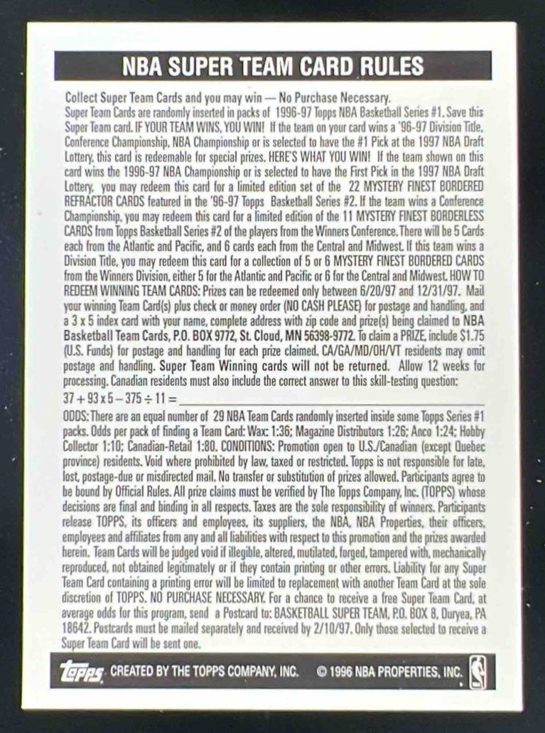 1996 Topps Super Team Card Rules #MH Miami Heat