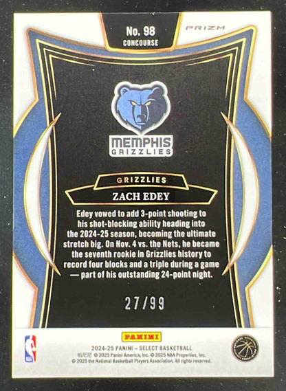 2024-25 Panini Select Concourse White Wave Prizm #98 Zach Edey RC /99