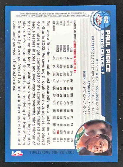 2002-03 Topps Chrome Refractors #62 Paul Pierce