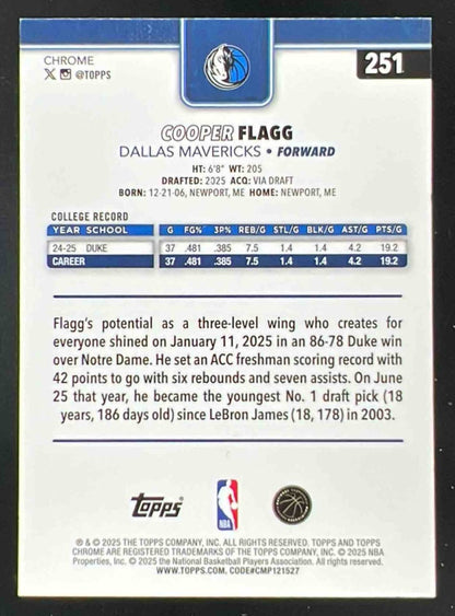 2025-26 Topps Chrome #251 Cooper Flagg RC