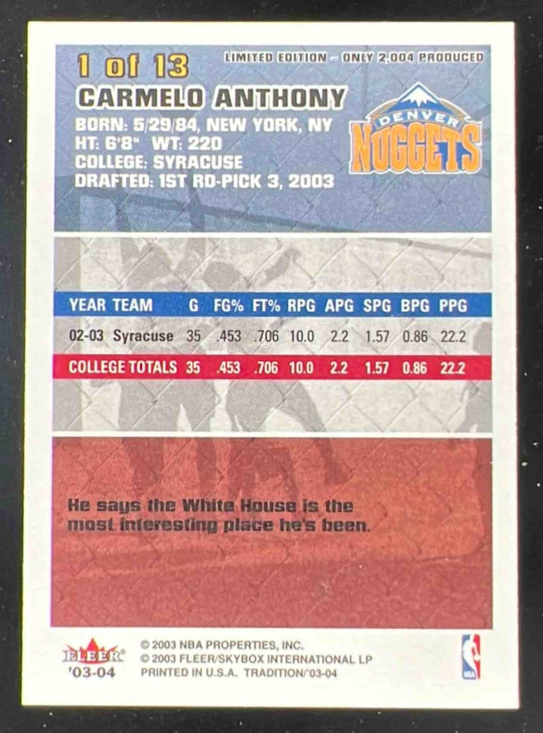 2003-04 Fleer Tradition All Star Weekend #1 Carmelo Anthony RC