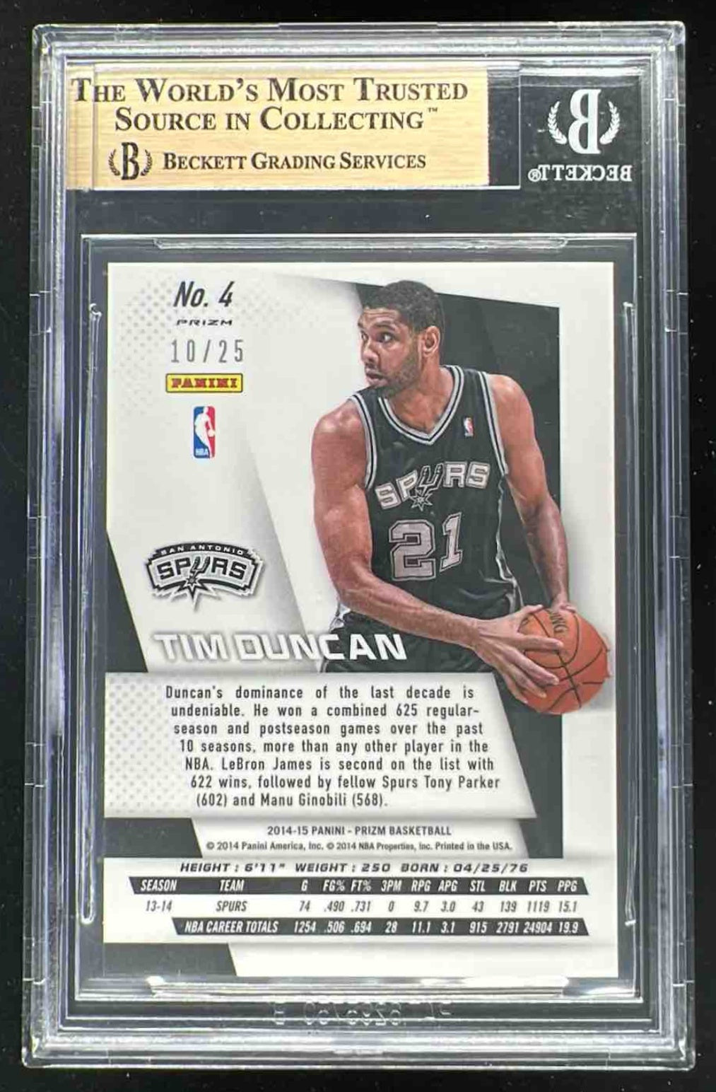 2014-15 Panini Prizm Photo Variation Green Mojo #4 Tim Duncan /25 BGS 10