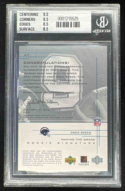 2001 Upper Deck Graded Rookie #47 Drew Brees Autograph Auto /500 BGS 8.5