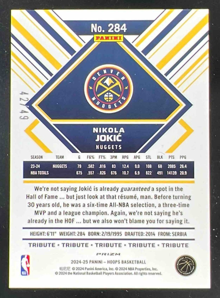 2024-25 Panini Hoops Blue Prizm Premium #284 Nikola Jokic Hoops Tribute /49