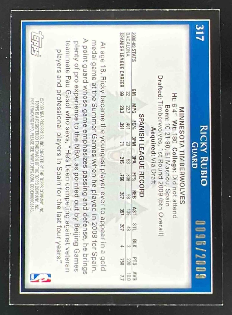 2009-10 Topps Gold #317 Ricky Rubio RC /2009
