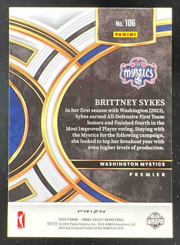 2024 Panini Select WNBA Zebra Prizm SSP #106 Brittney Sykes Premier Level