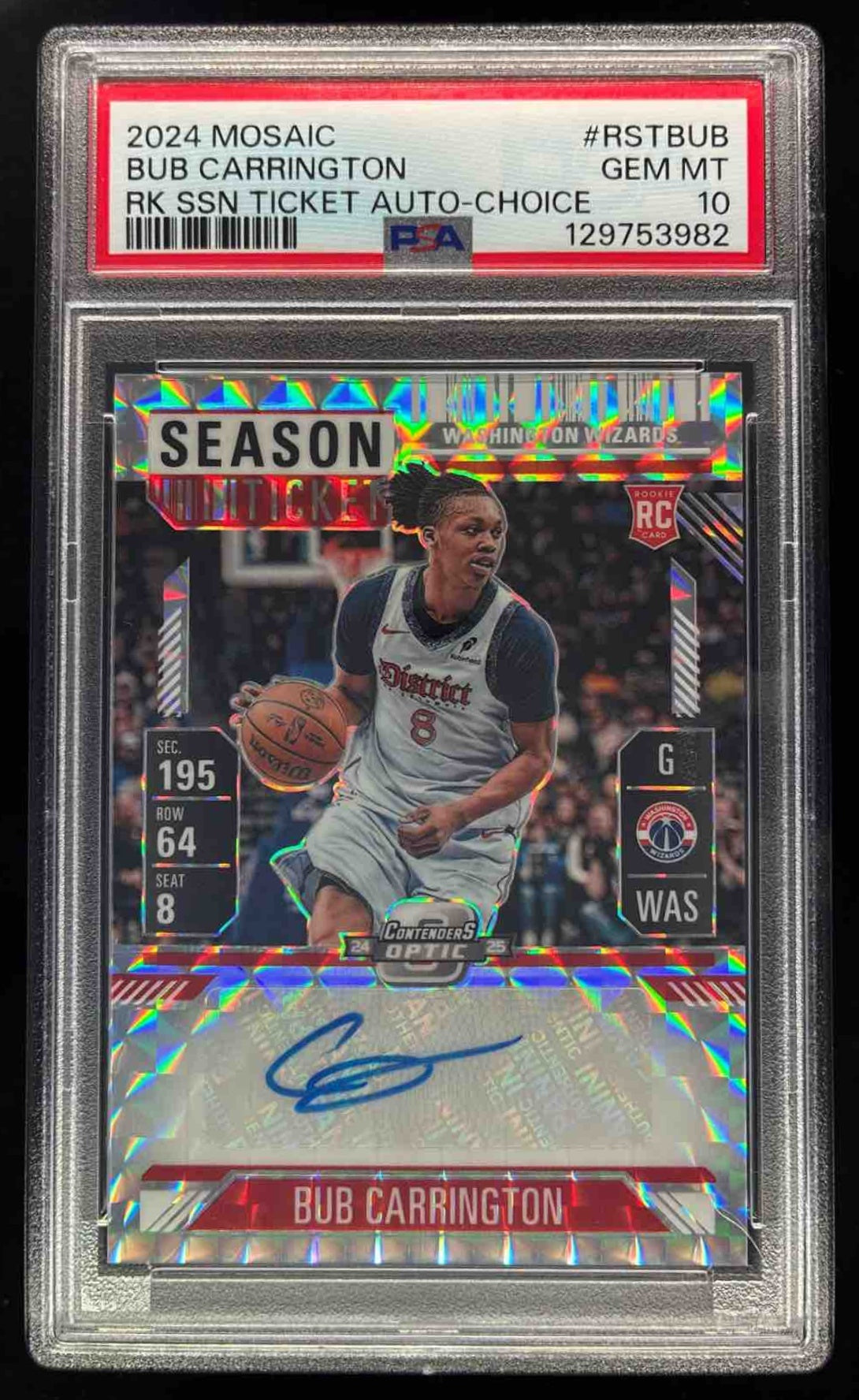 2024-25 Mosaic Contenders Optic Choice #RST-BUB Bub Carrington RC Auto PSA 10
