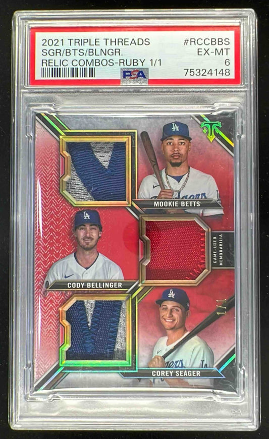 2021 Topps Triple Relic Ruby Corey Seager Mookie Betts Cody Bellinger 1/1 PSA 6