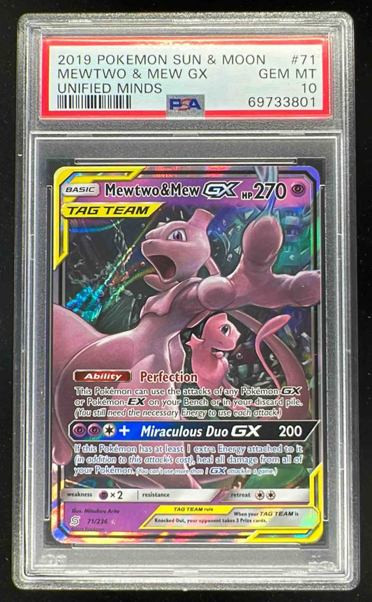 2019 Pokemon Sun & Moon Unified Minds #71/236 Mewtwo & Mew Tag Team Holo PSA 10